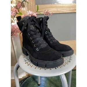 Womens Black Suede Lace-up Combat Boots Chunky Lug Sole Ankle Winter Booties 6.5